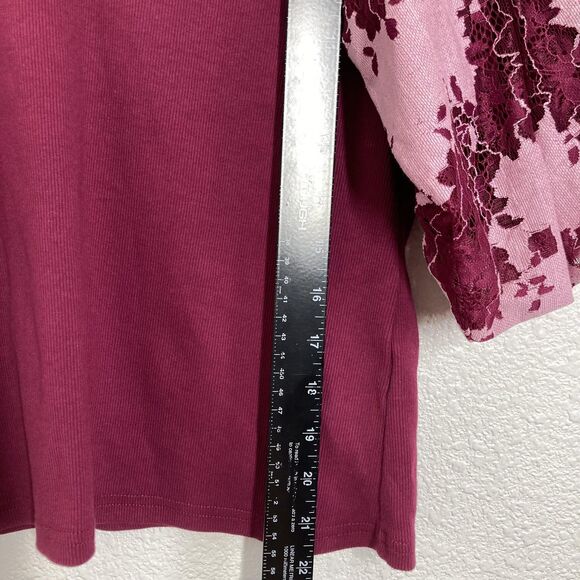 Dolan Shirt Womens Medium Burgundy Pink V-Neck Puff Sleeve Floral Lace Knit - Picture 7 of 16